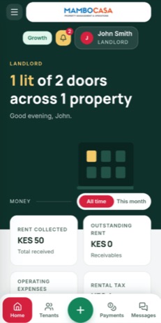 The MamboCasa landlord home screen on a phone, showing doors lit, rent collected and outstanding rent