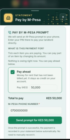 A tenant's Pay by M-Pesa prompt screen in the MamboCasa app