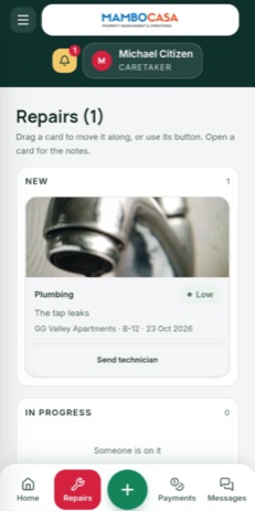 The repairs screen in the MamboCasa app