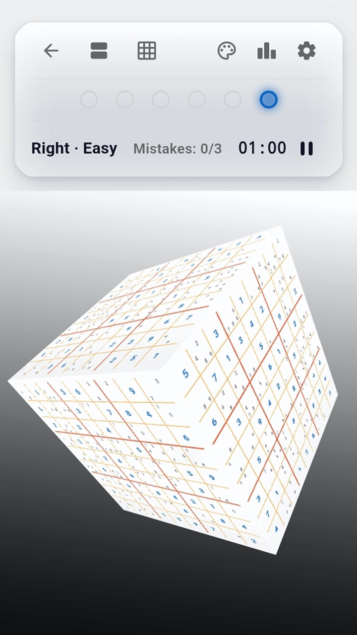 The 3D Cube Sudoku mode in M6 3D Sudoku, showing six puzzles on a rotatable cube